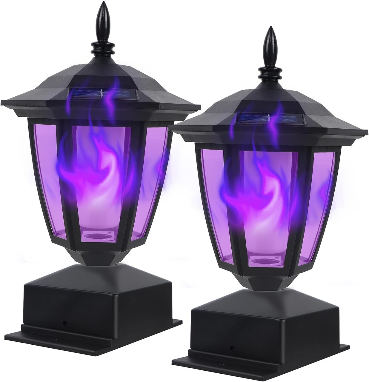 2 Pack - Solar Flame Post Cap Lights Outdoor, Halloween Flickering Purple Flame
